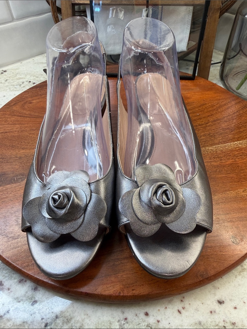 Taryn Rose Metallic Pewter Floral Peep-Toe Heels